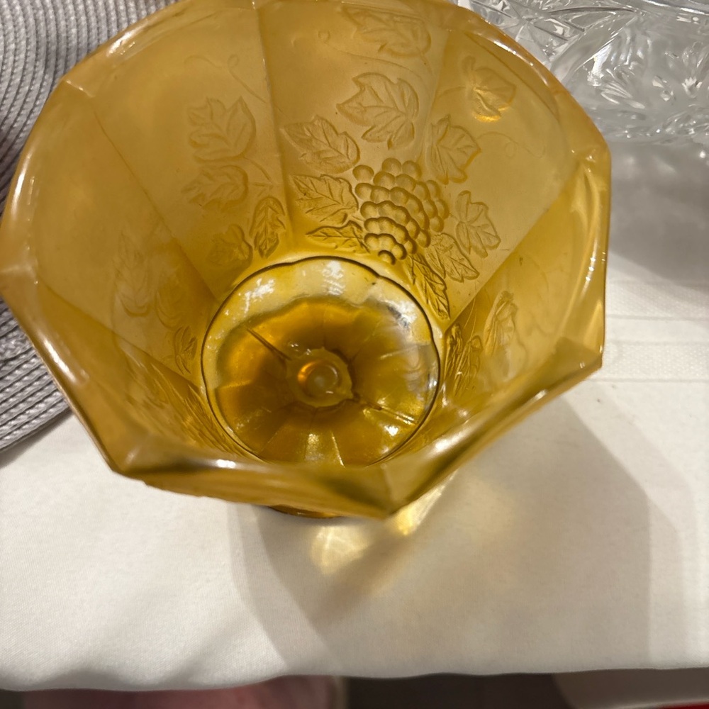 Amber Pressed Glass vase/tumbler with Grape Motif